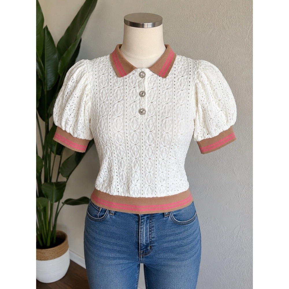 Maeve Anthropologie XS Puff Sleeve Lace Polo Top White Pink SOLD OUT.